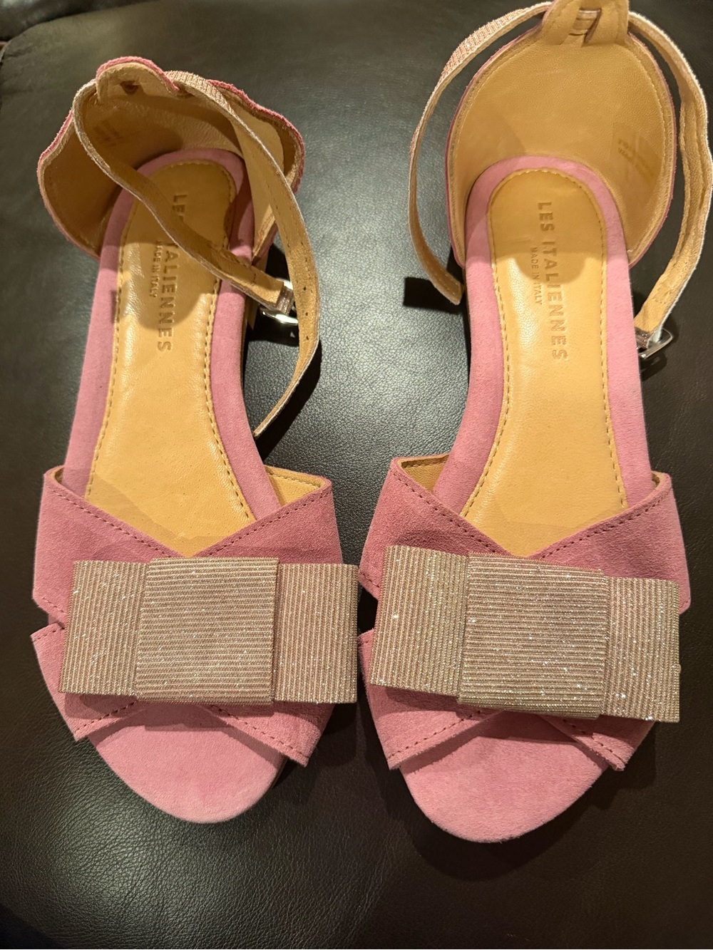 Pink Suede Bow Ankle-Strap Sandals